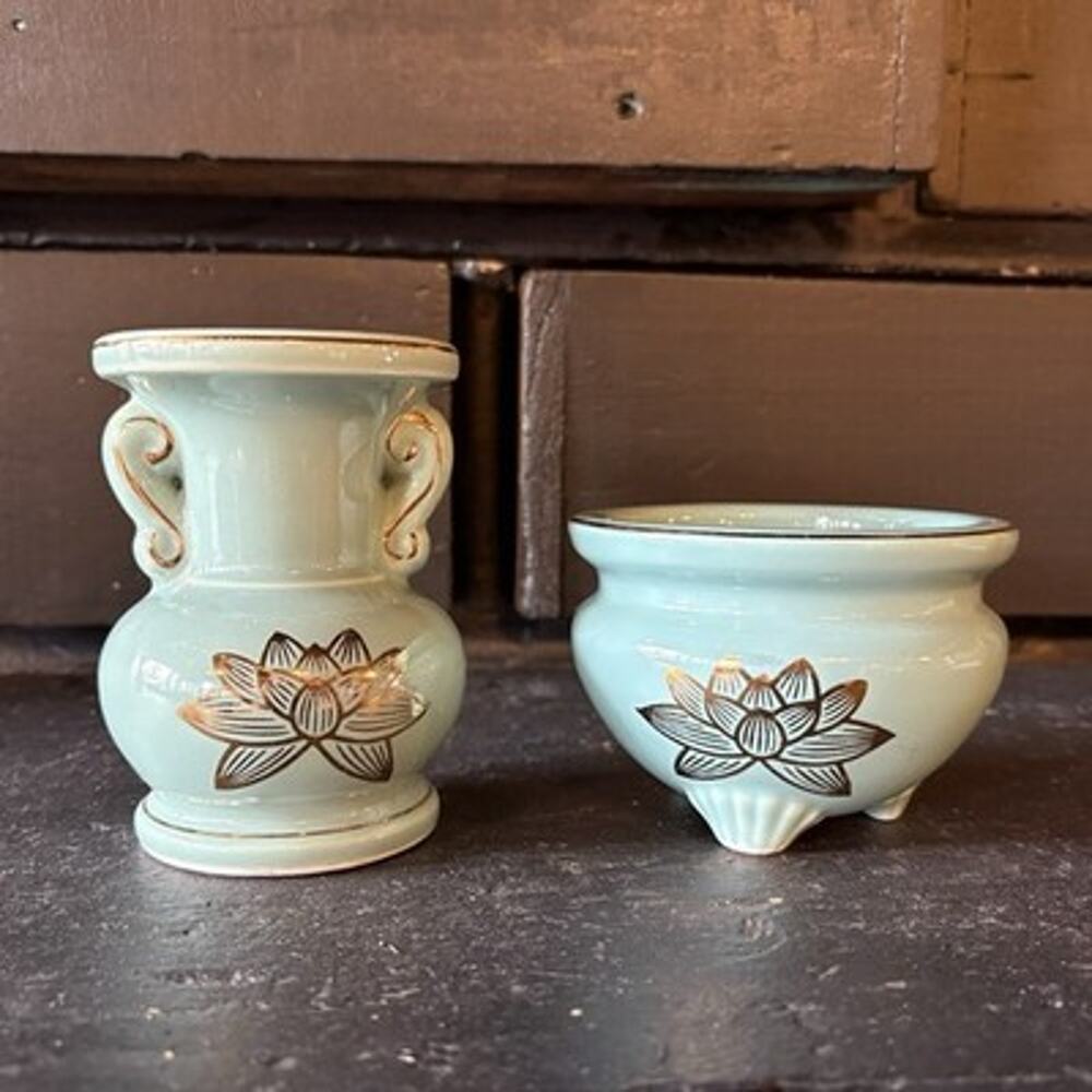 Vintage Aqua Blue Green w/ Gold Lotus Planters Vases Urn Set of 2 Mid Century